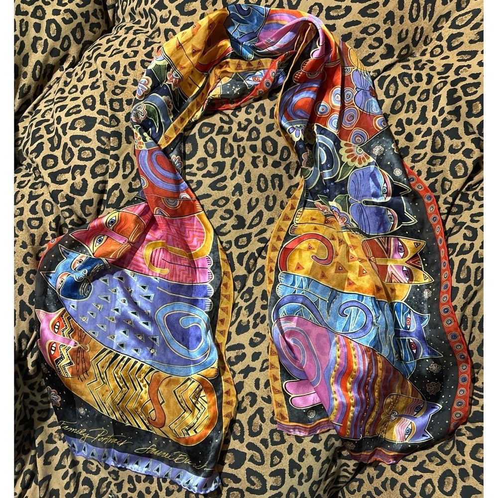 Laurel Burch Vintage Feline Family Portrait Silky Cat Beaded Scarf, 54"x 12"